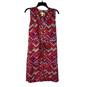 Banana Republic Geometric Print V Neck Waist Cinch Button Up Sleeveless‎ Dress 6